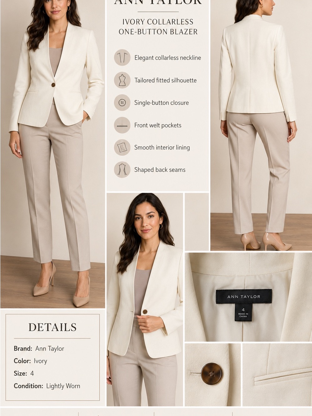 Ann Taylor Ivory Collarless One-Button Blazer